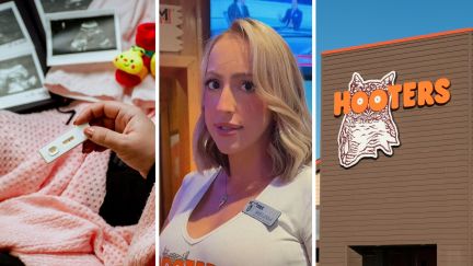 pregnancy test (l) woman shares pregnancy and work experience (c) hooters entrance (r)