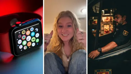 apple watch (l) woman shares relationship story (c) police officer at work (r)