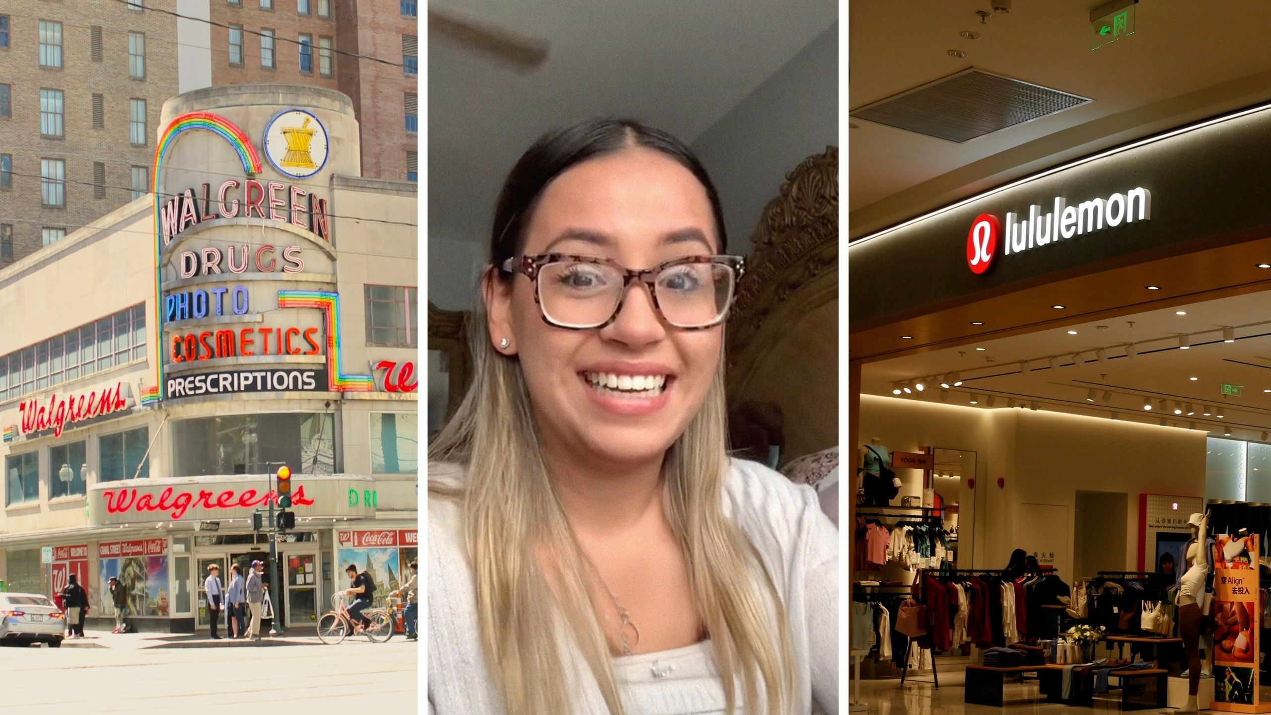 walgreens store front (l) woman shares gift cards issue (c) lululemon store front (r)