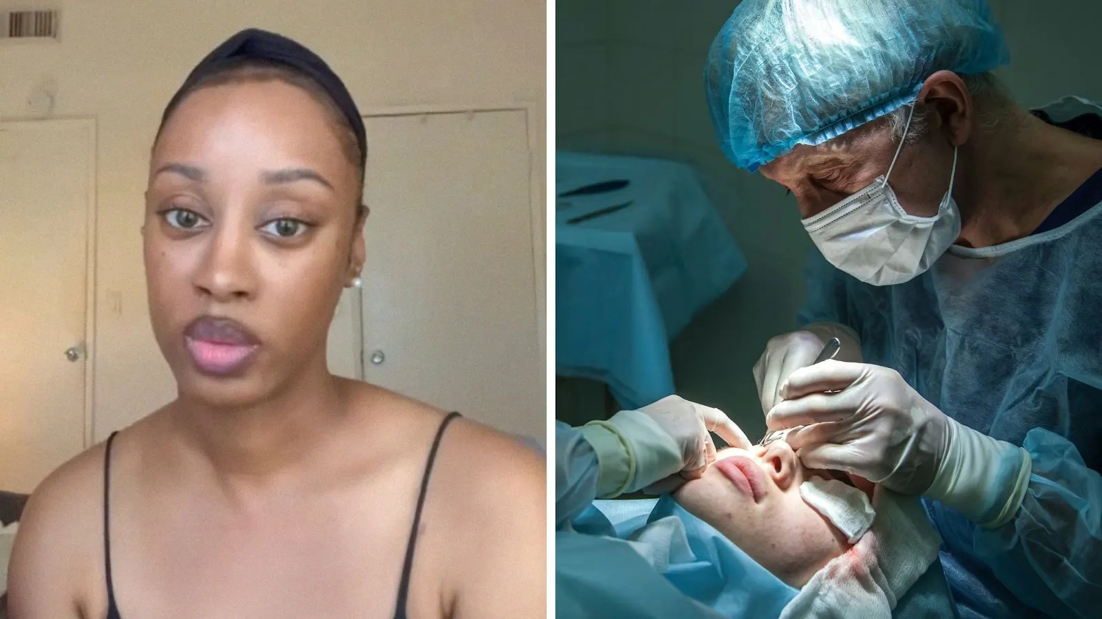 woman shares eye color surgery experience (l) Doctor performing eye color surgery (r)