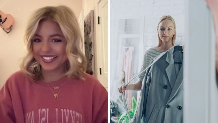 woman shares showroom experience (l) woman in fitting room (r)