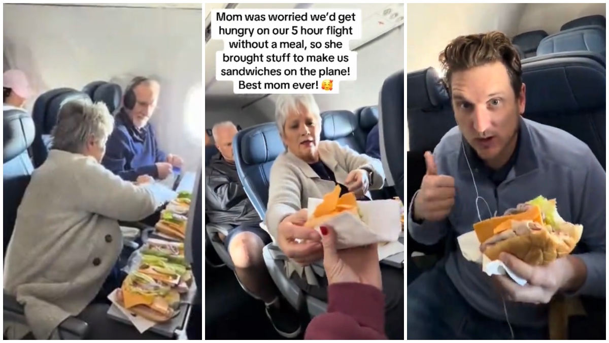 71-year-old Utah mom makes sandwiches for her kids mid-air on a 5-hour flight.