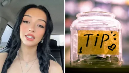 woman shares job experience (l) Tipping jar (r)