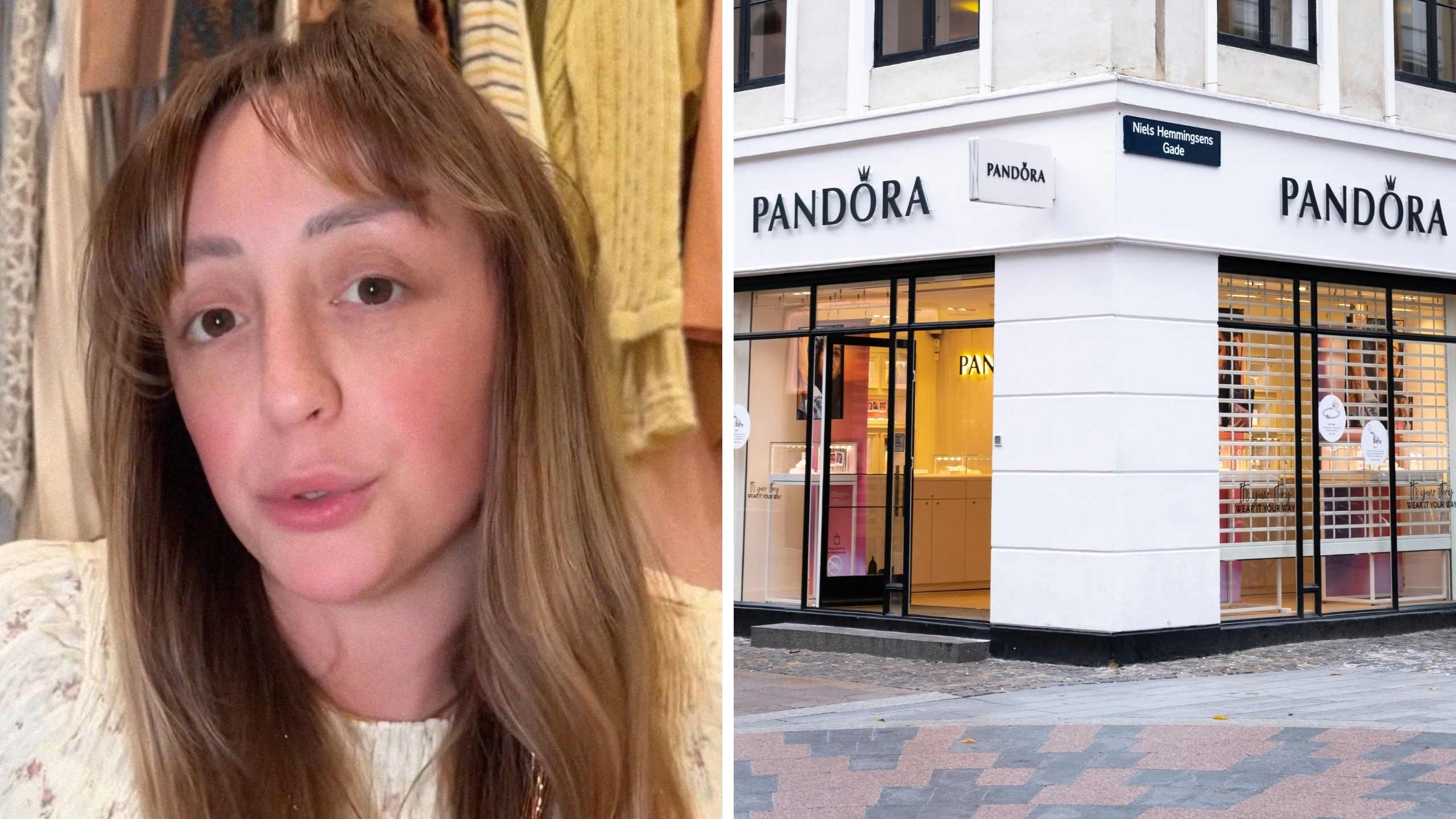 woman shares Pandora issue (l) Pandora storefront (r)