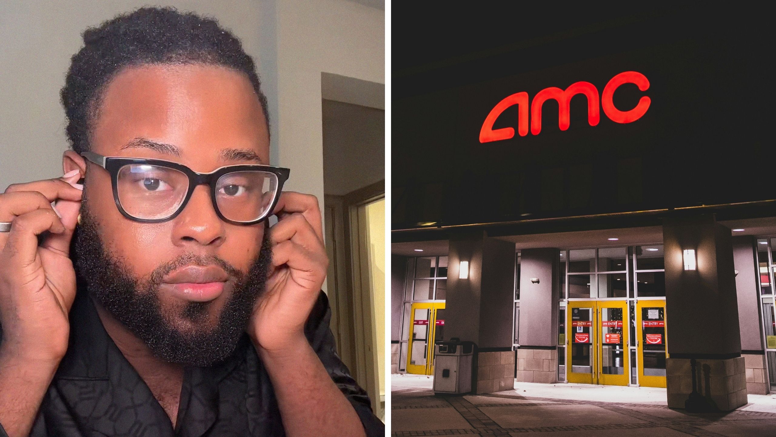 man shares date issue (l) AMC Theater entrance (r)