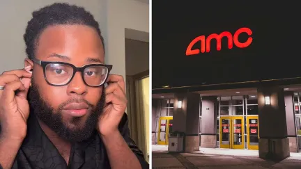 man shares date issue (l) AMC Theater entrance (r)