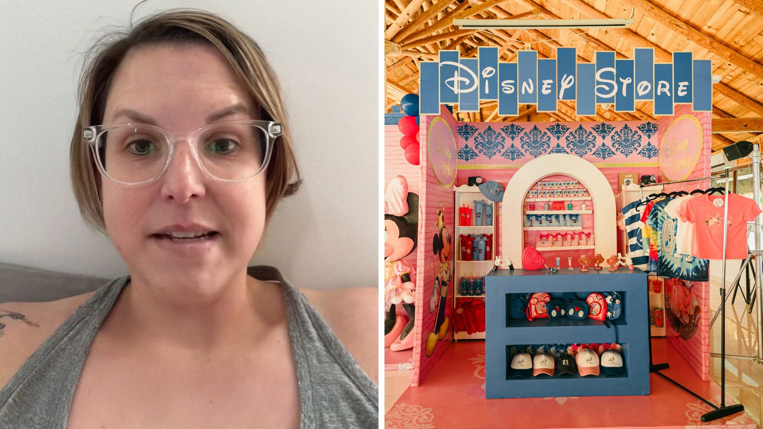 woman shares disney shopper scam (l) Disney store (r)