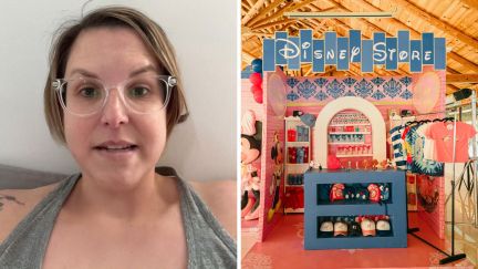 woman shares disney shopper scam (l) Disney store (r)