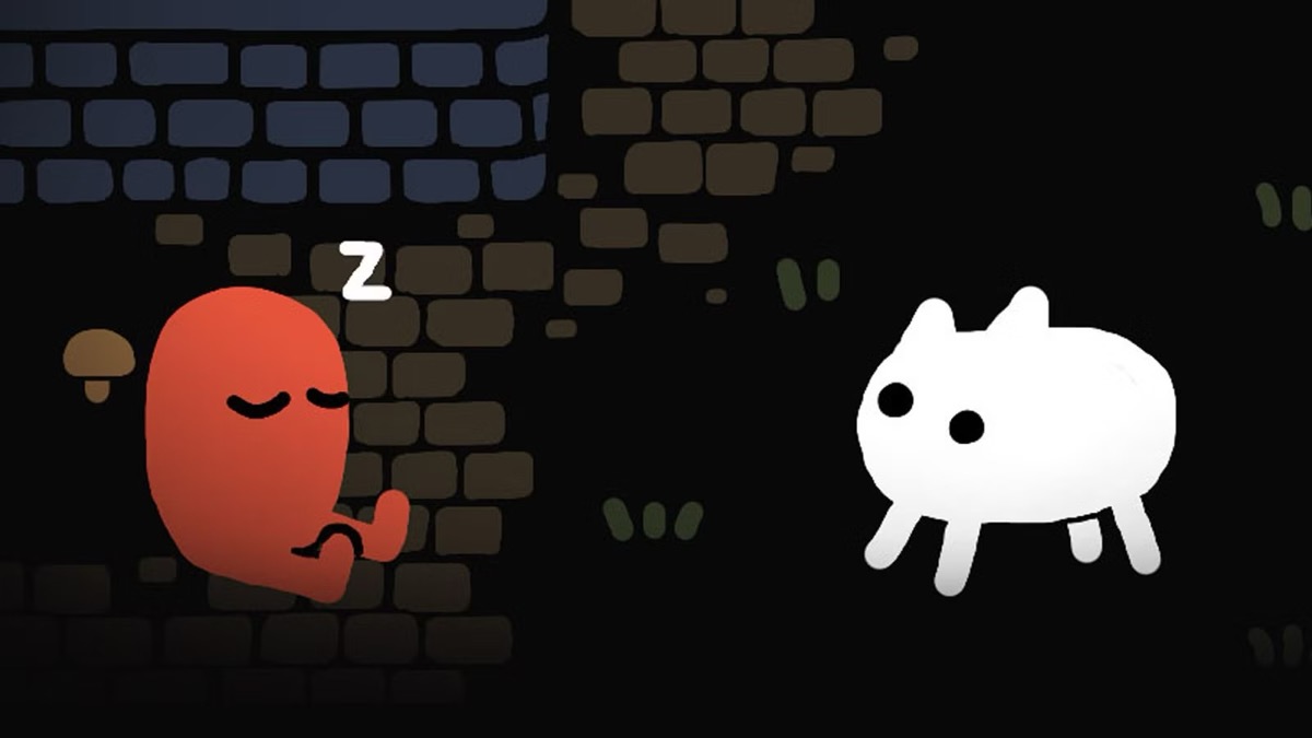 A sheep critter looks at a sleeping little guy in "Baba Is You" 