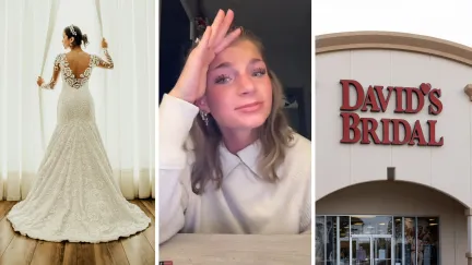 woman in wedding dress (l) woman shares wedding dress shopping issue (c) david's bridal storefront (r)