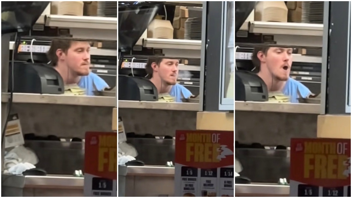 Buffalo Wild Wings man vaping in the kitchen