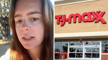 woman shares t.j. maxx experience (l) T.J. maxx storefront (r)