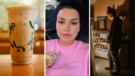 starbucks grande drink (l) woman shares scare of her life (c) woman looks inside fridge (r)