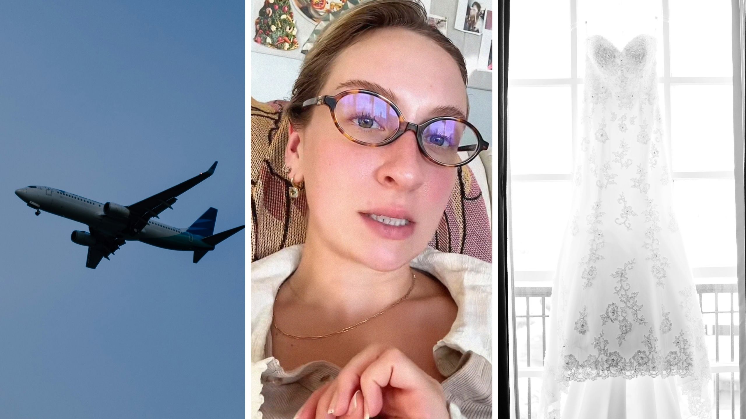 aircraft in the air (l) woman shares flight experience with dress (c) Wedding gown (r)