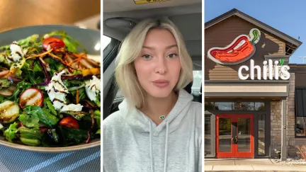 house salad (l) woman shares why she lost her job (c) Chili's entrance (r)