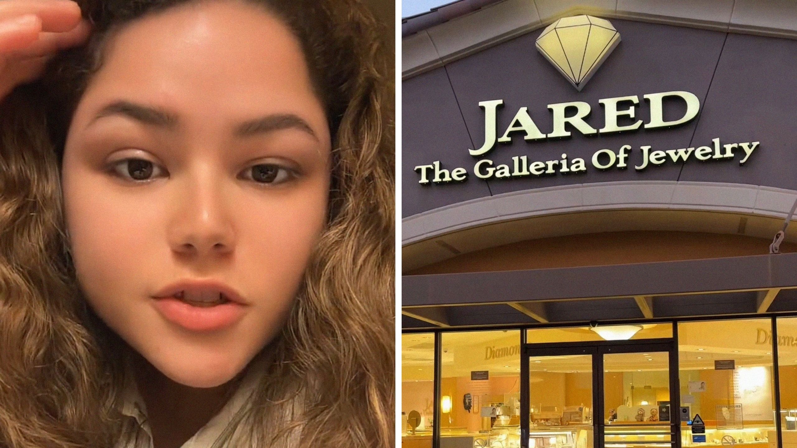 woman shares jewelry shop issue (l) Jared's Jewelry shop front entrance (r)