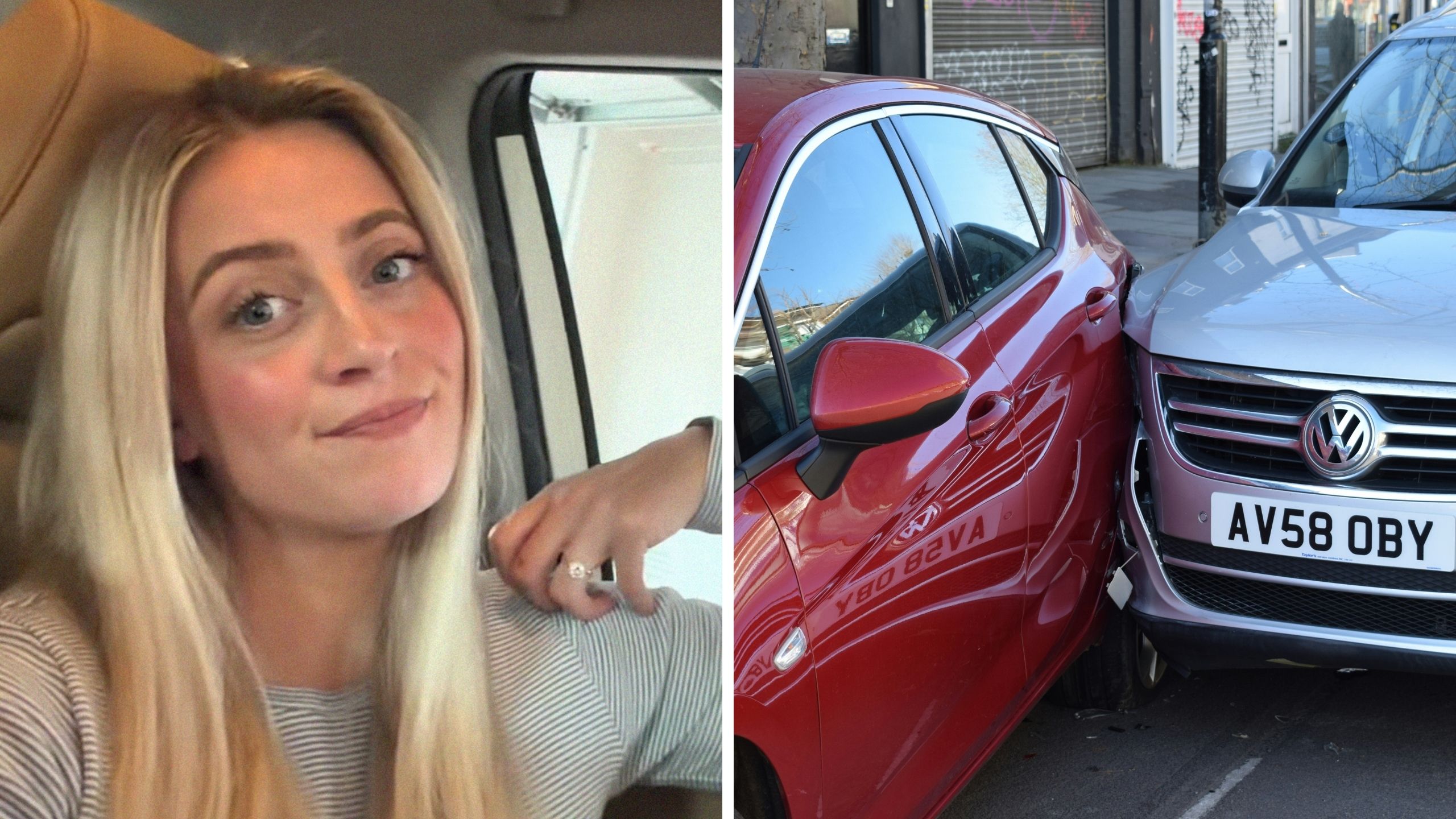woman shares horrible Parke sample sale experience (l) car hits another due to terrible traffic (r)