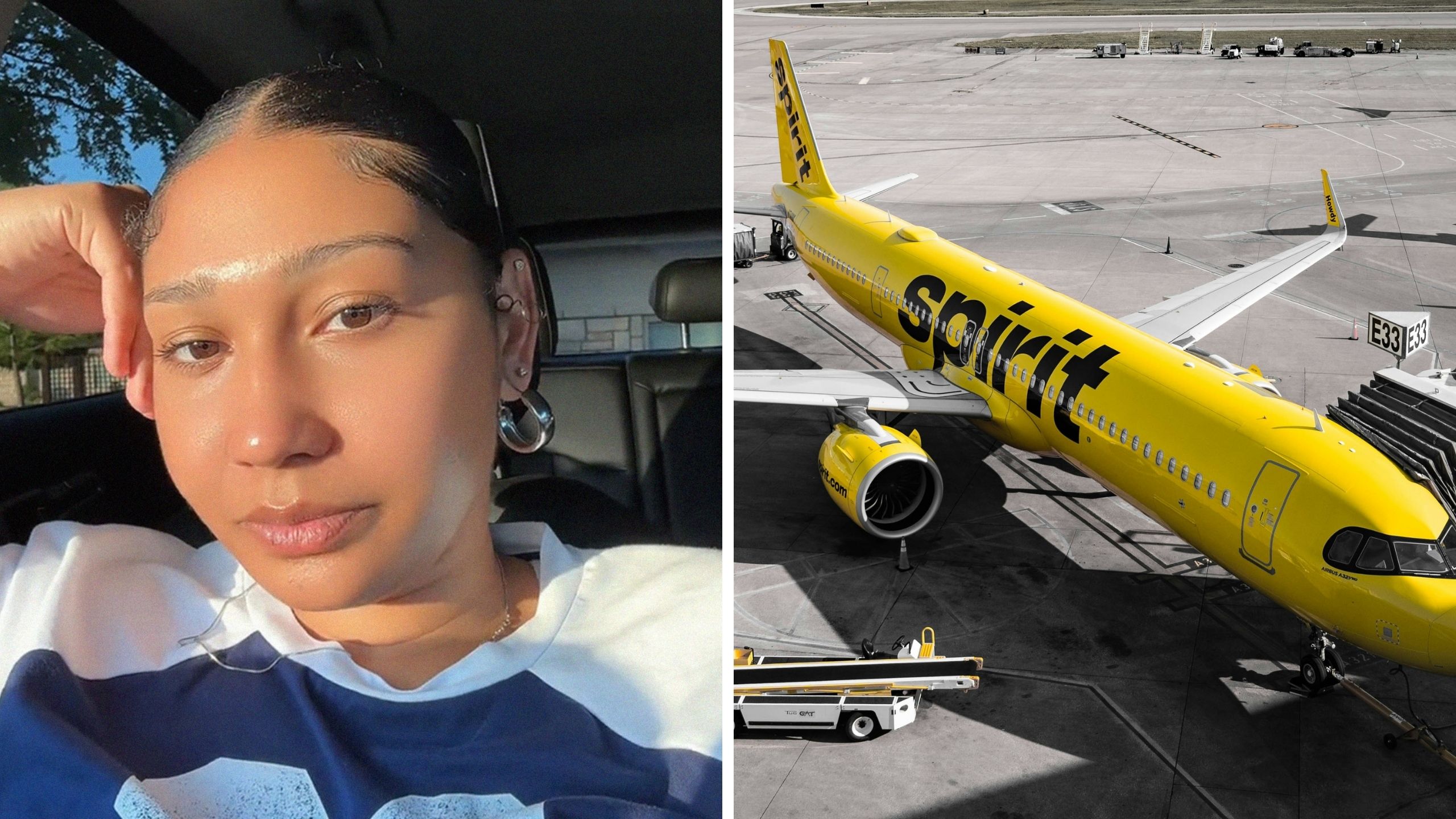 woman shares traveling hack (l) Spirit airlines (r)