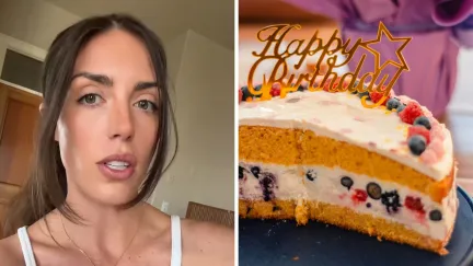 woman shares cake order (l) birthday cake (r)