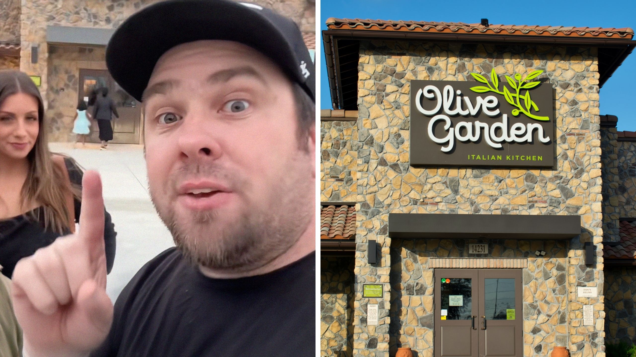 family shares olive garden hack (l) Olive Garden front door (r)