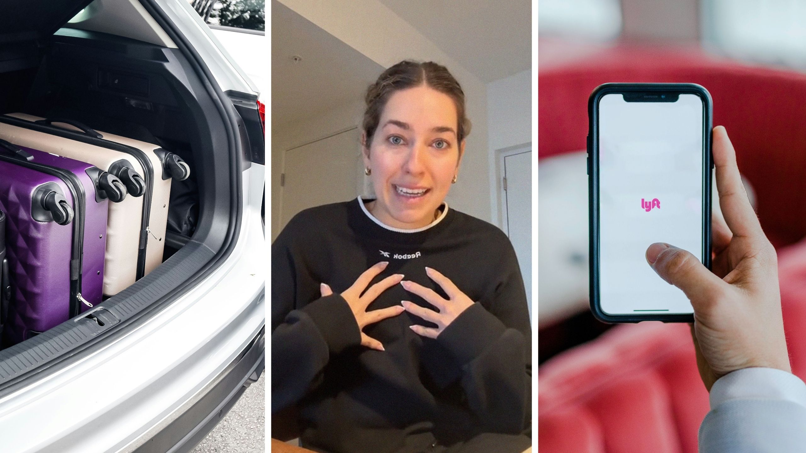 luggage in vehicle (l) woman shares lyft experience (c) lyft app (r)