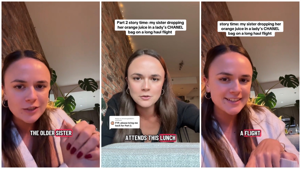 French woman’s sister spills orange juice on a lady’s Chanel bag, then they meet a decade later.