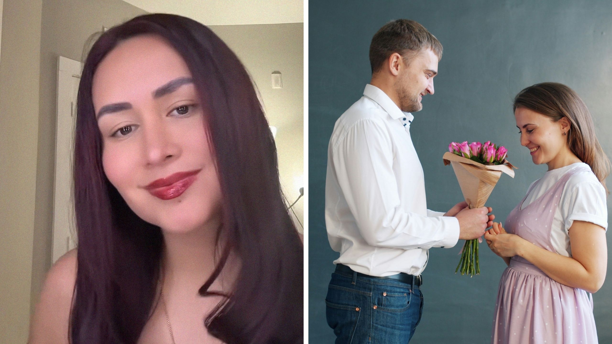 woman shares how sweet is her husband (l) man gifting woman flowers (r)