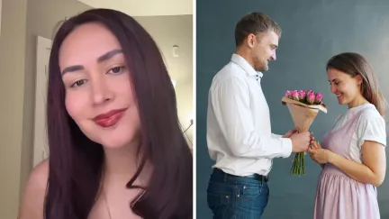 woman shares how sweet is her husband (l) man gifting woman flowers (r)