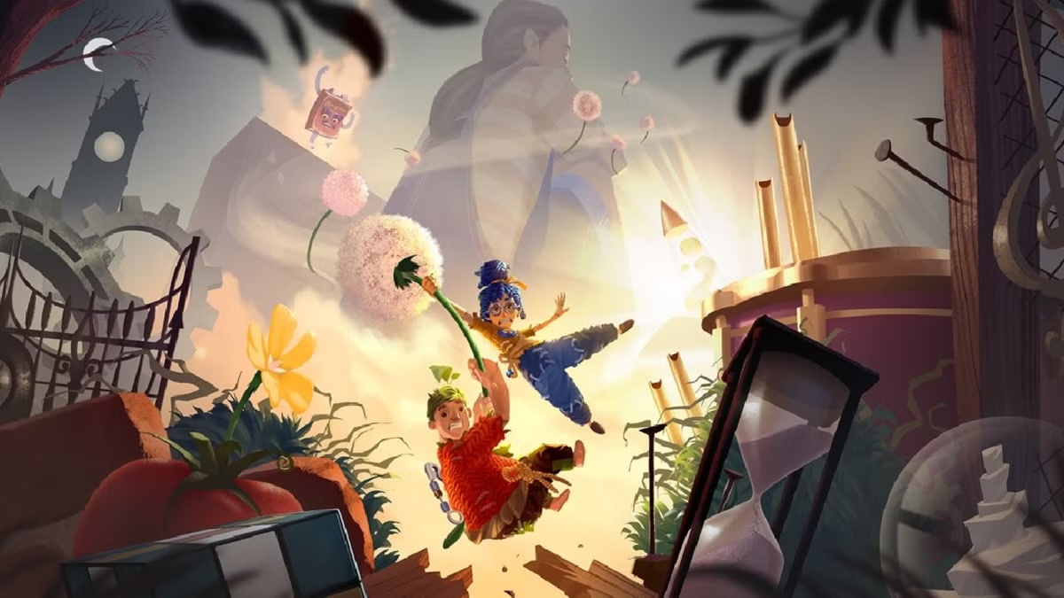 A boy and girl float on a dandelion in a miniture world in "It Takes Two" 