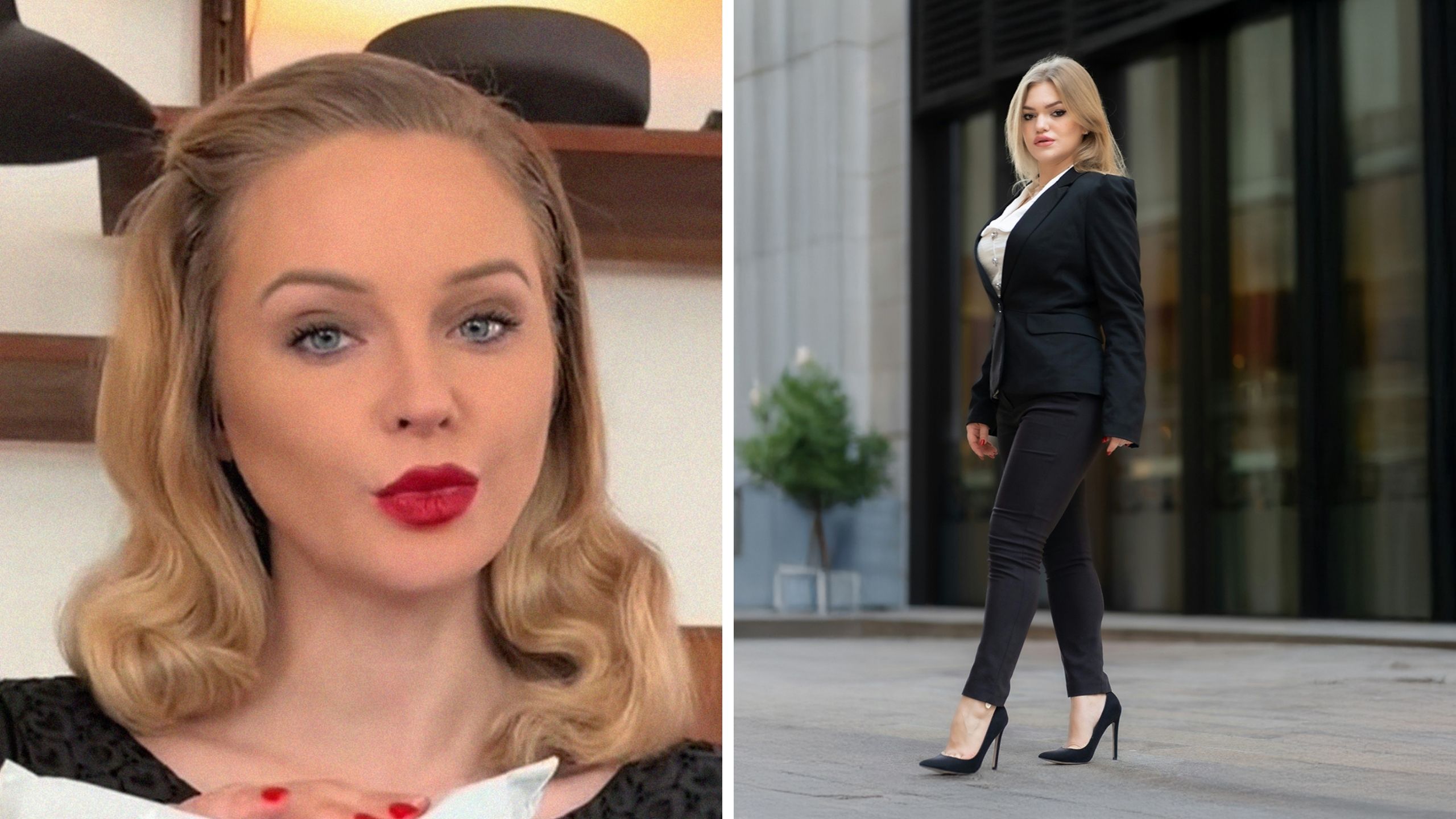 woman shows work outfit (l) woman in corporate outfit (r)
