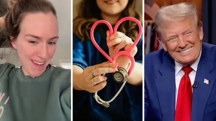 woman shares life update (l) happy nurse (c) President Donald trump (r)