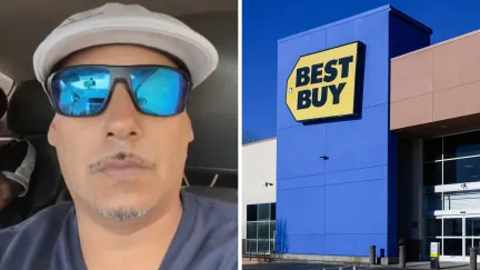man shows TV purchase (l) Besy buy storefront (r)