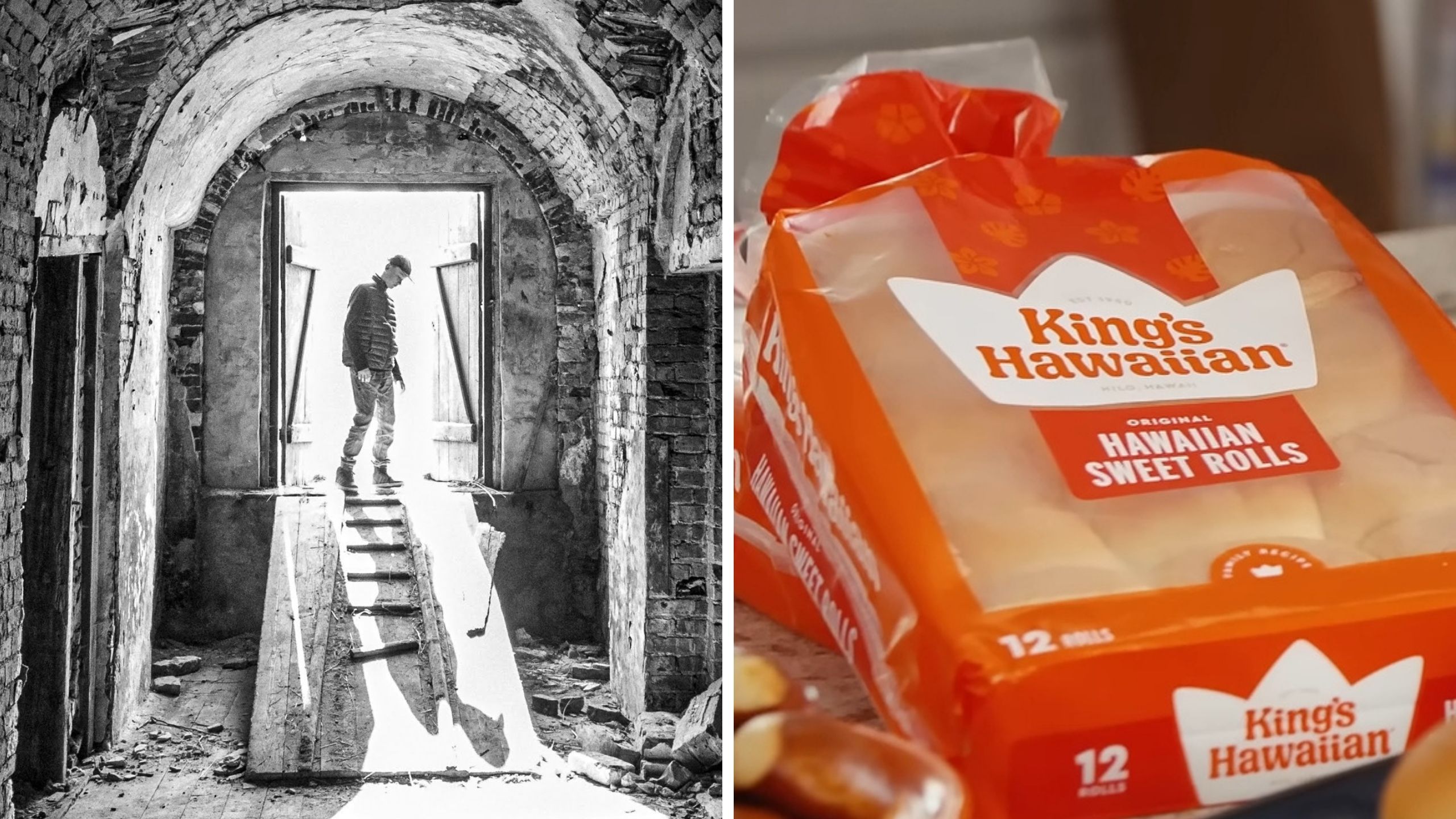 man goes down to basement (l) King Hawaiian rolls (r)