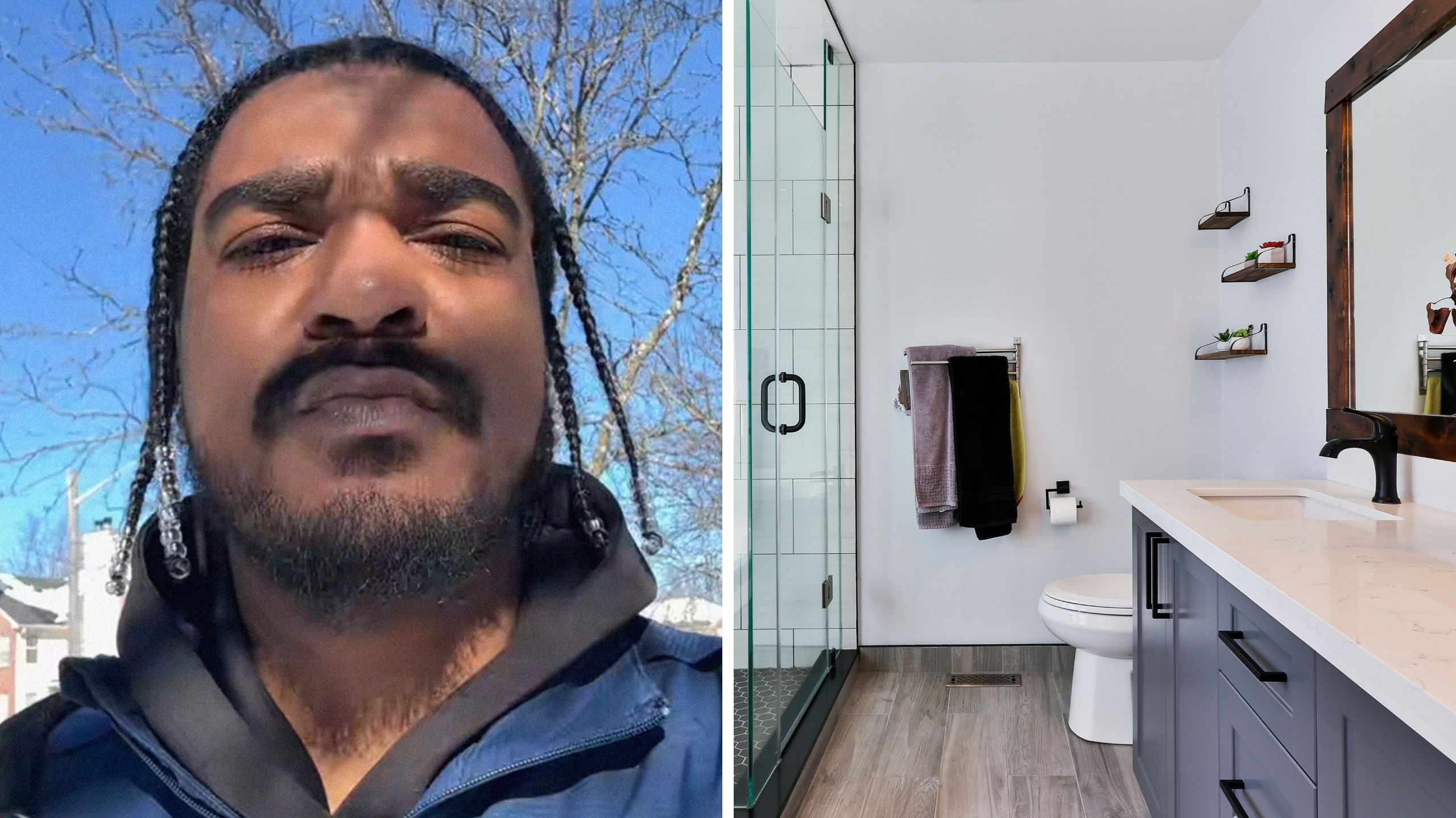 man shares hotel experience (l) hotel bathroom sink (r)