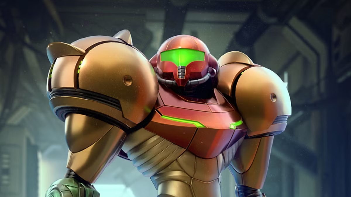 A woman in a battle suit stands heroicly in "Metroid Prime"