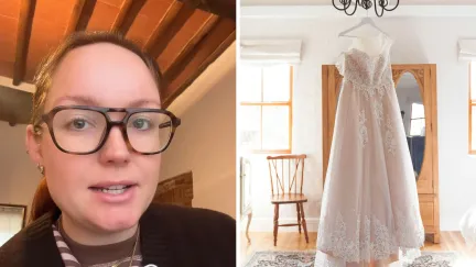 woman shares wedding destination dress struggles (l) wedding dress hanging (r)
