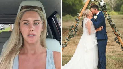 woman shares wedding moment (l) Newlyweds sharing a kiss (r)