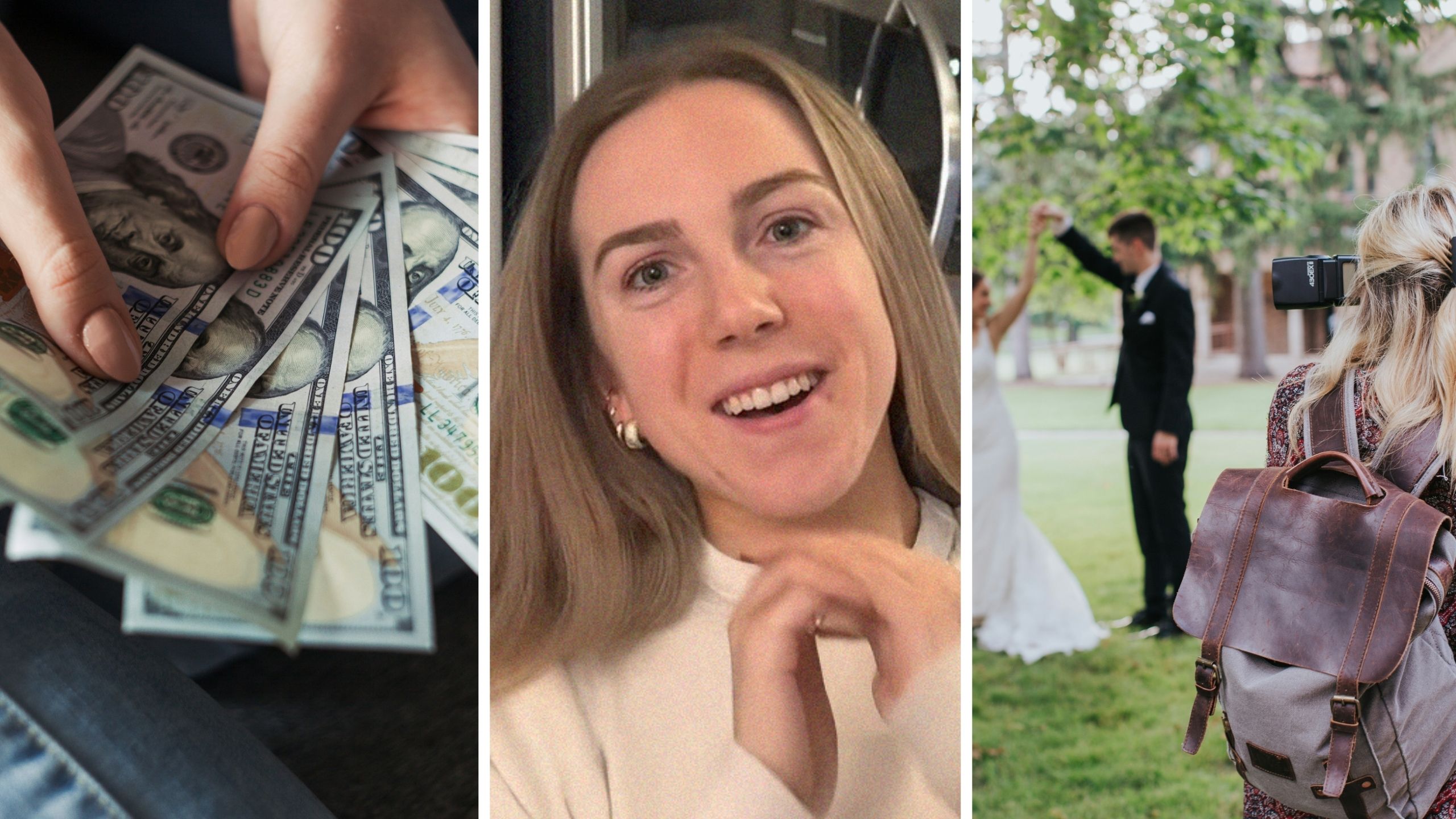 money on hand (l) woman shares photographer issue (c) wedding Photographer (r)