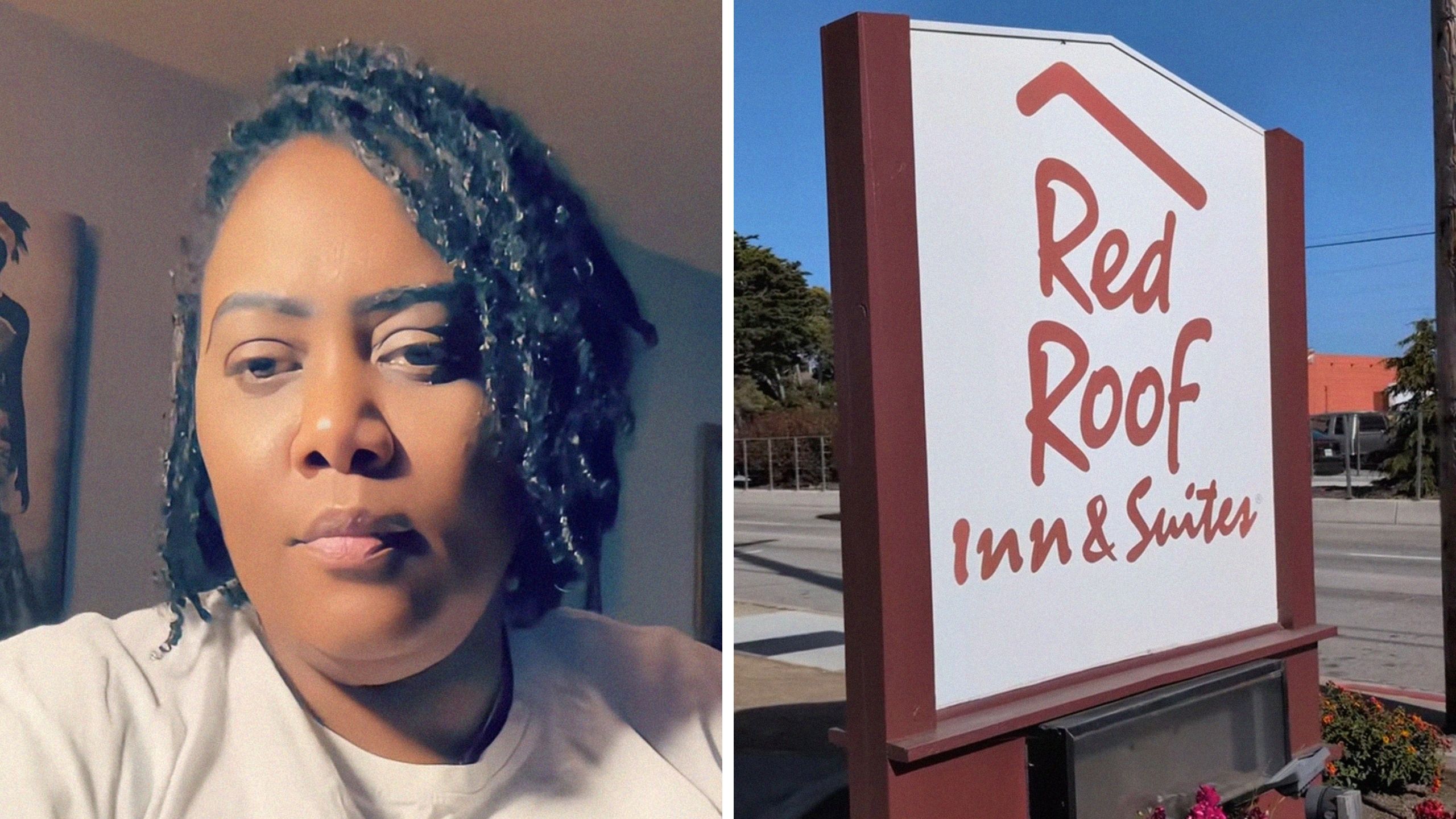 woman shares hotel issue (l) Red roof Inn entrance (r)