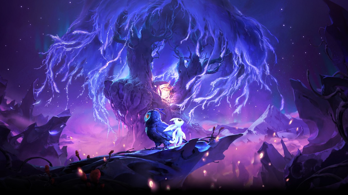 Two fantasy creatures stand in a magic forest in "Ori and The Will of The Wisps"