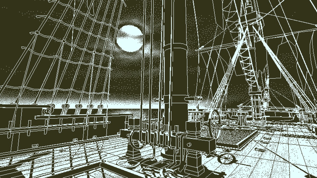 The ghostly deck of a ship is illuminated by the moon in "Return of the Obra Dinn" 