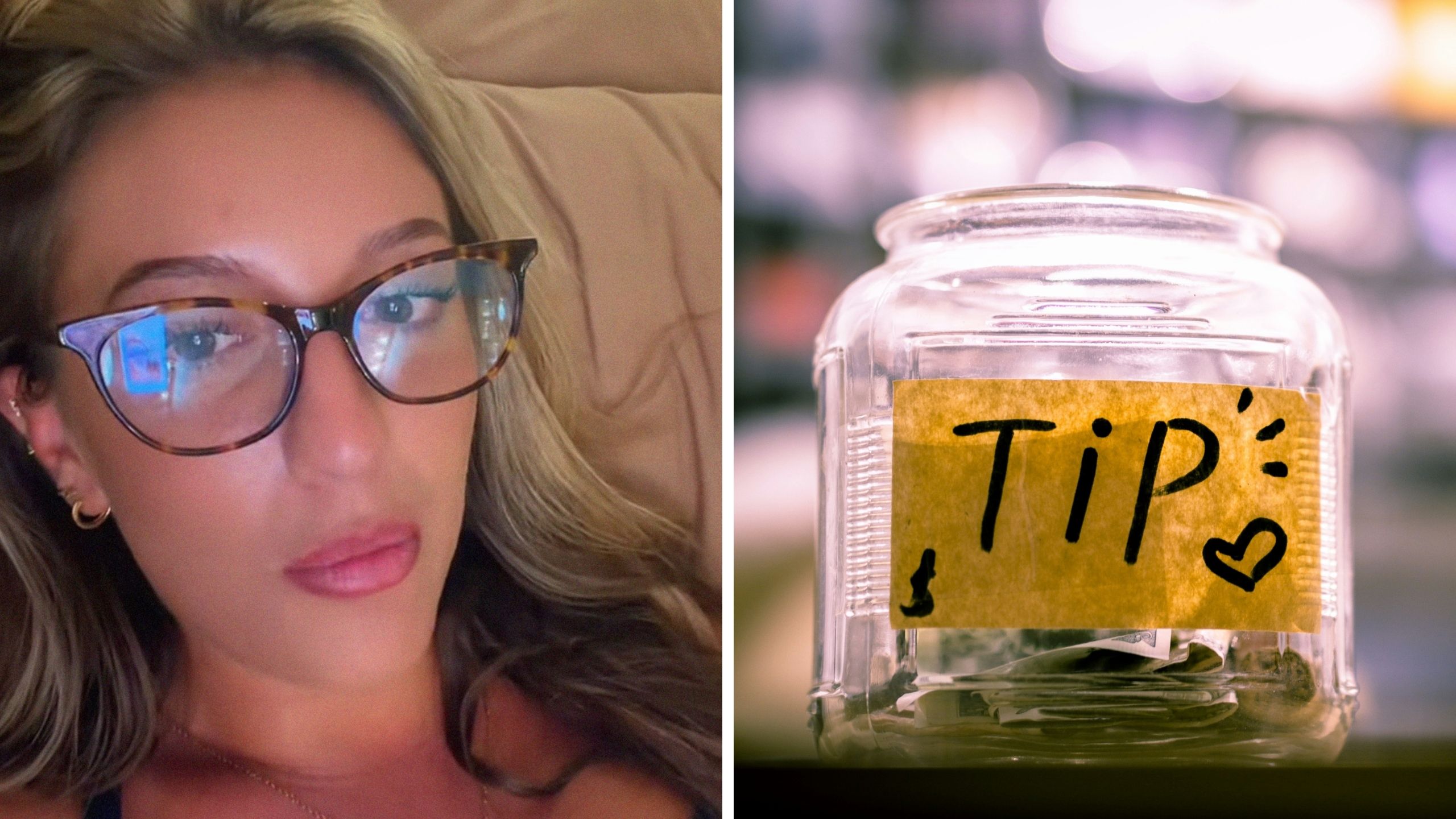 woman shares past job experience (l) tipping jar (r)