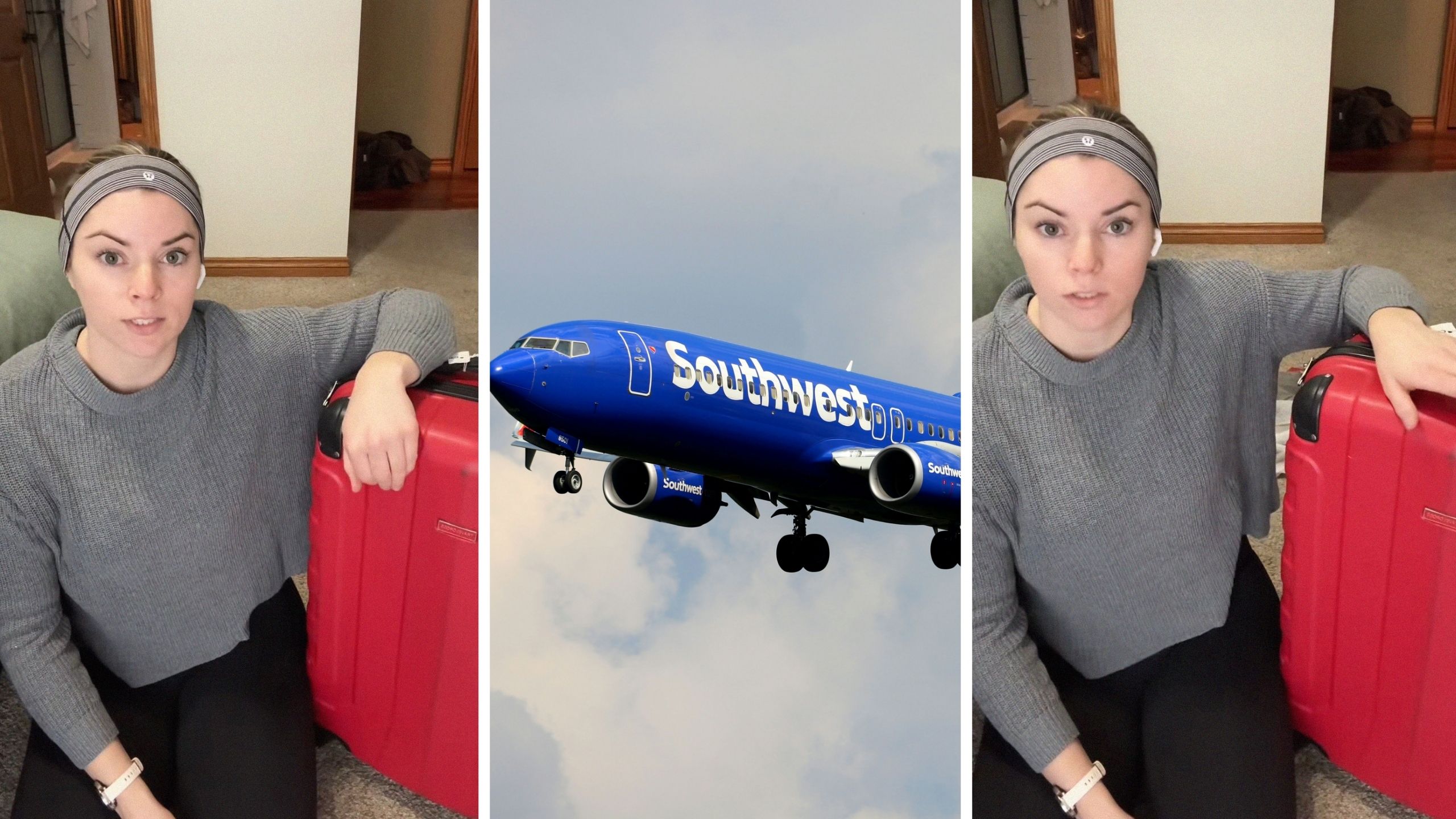 woman shares flight issue (l) southwest airline (c) woman shares carry on story (r)