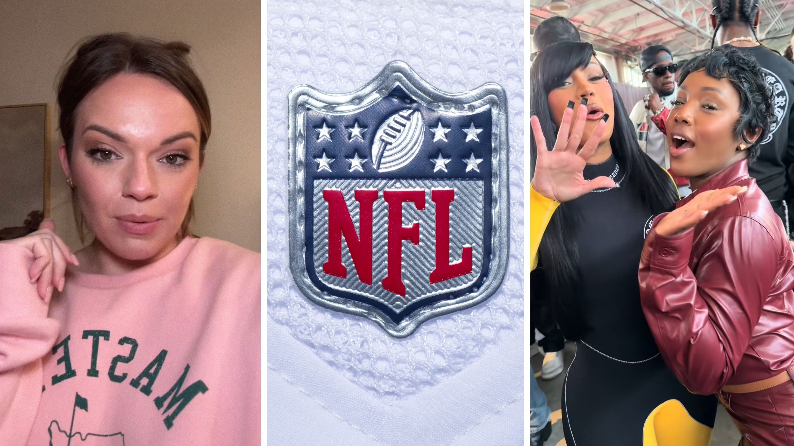 woman shares outfit opinion (l) nfl logo (c) sports news reporter alongside cardi b (r)