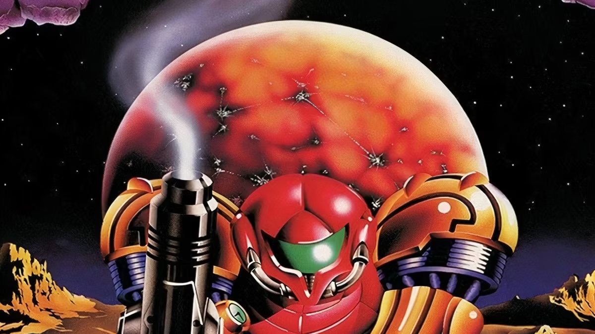 A woman in a spacesuit holds her smoking arm-gun in "Super Metroid"