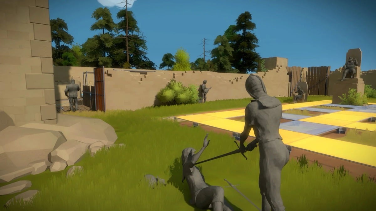 A statue of a warrior with a sword stabs another statue in "The Witness" 