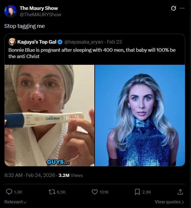 TheMAURYShow tells X users to "leave me out of it" after Bonnie Blue announces pregnancy