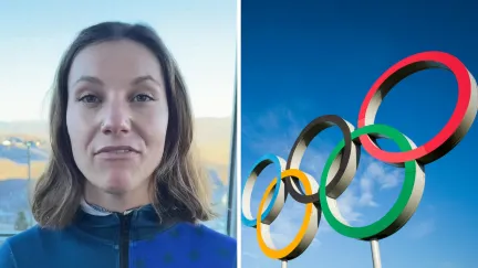 woman shares Olympics experience (l) Olympics logo (r)