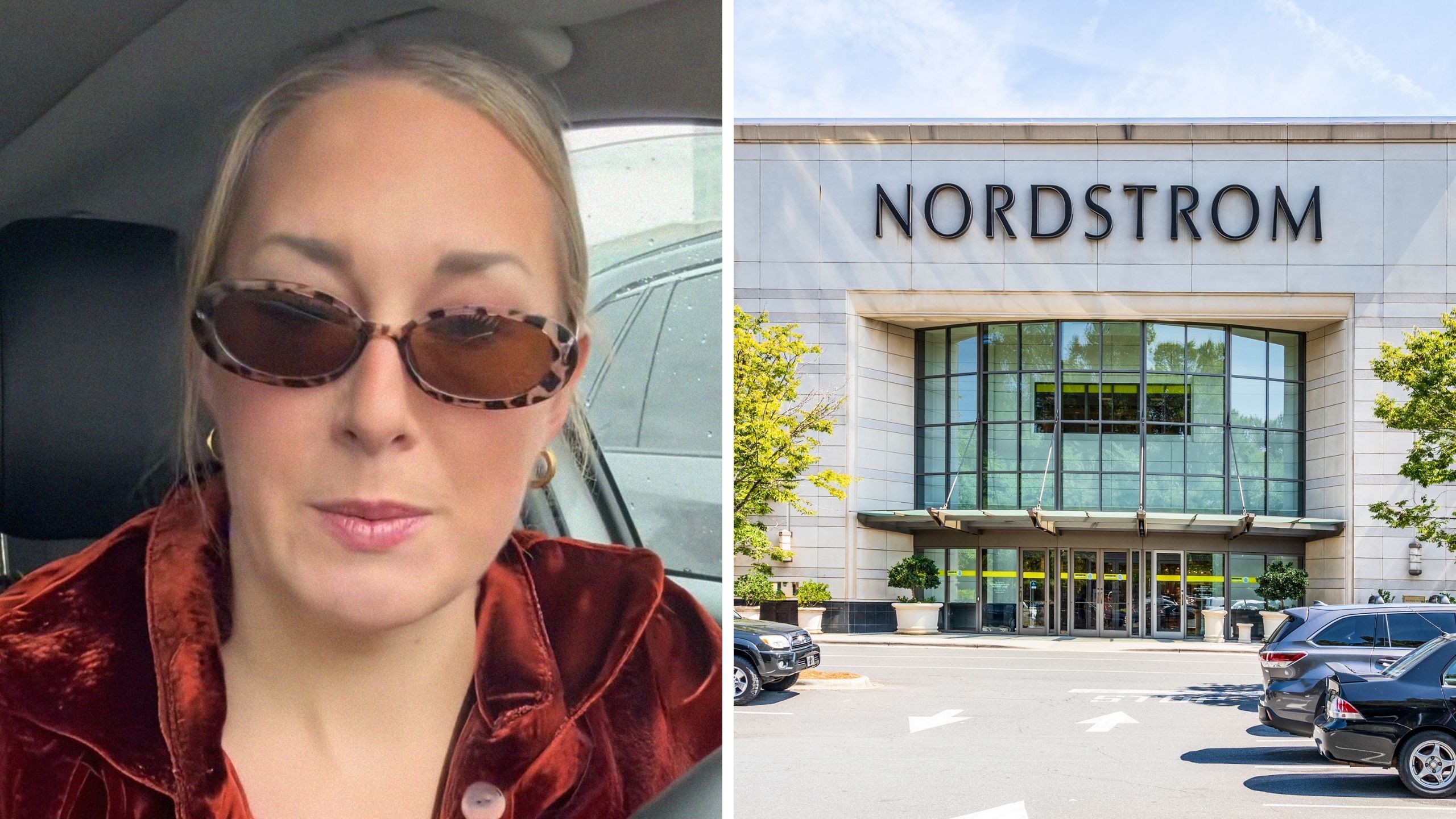 woman shares luggage hunt (l) Nordstrom entrance (r)