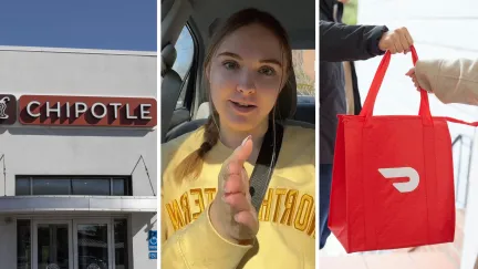 chipotle storefront (l) woman share doordash experience (c) doordash delivery (r)
